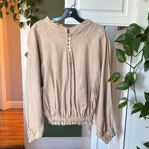 Myrah Penaloza Top OS 100% Linen Beige Button Blouson